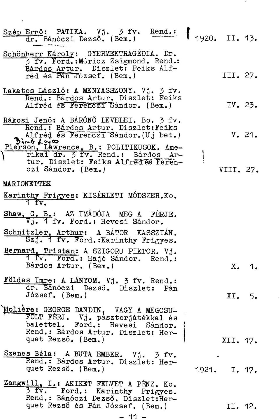 ) Pierson, Lawrence. B.: POLITIKUSOK. Amerikai dr. 3 fv. Rend.: Bárdos Artúr. Diszlet: Feiks Alfré~d es Ferénczi Sándor. (Bem.) MARIONETTEK Karinthy Frigyes: KÍSÉRLETI MÓDSZER.Ko. 1 fv. Shaw, G. B.: AZ IMÁDÓJA MEG A FÉRJE.