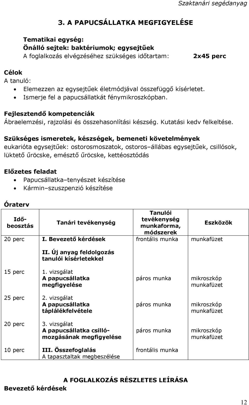 Szükséges ismeretek, készségek, bemeneti követelmények eukarióta egysejtűek: ostorosmoszatok, ostoros állábas egysejtűek, csillósok, lüktető űröcske, emésztő űröcske, kettéosztódás Előzetes feladat