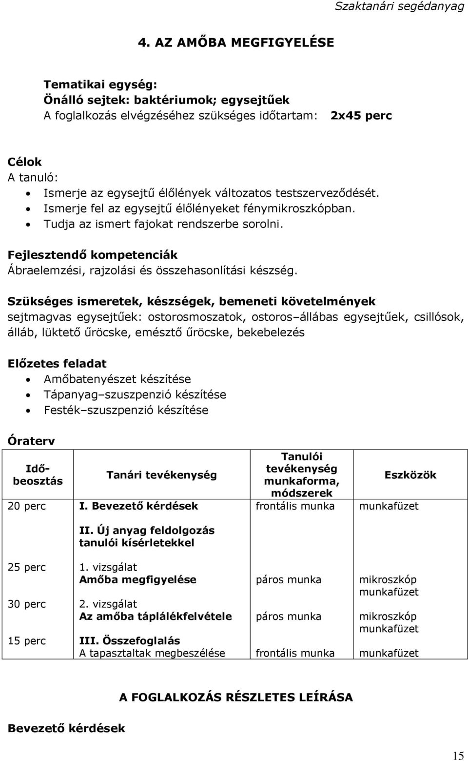 Szükséges ismeretek, készségek, bemeneti követelmények sejtmagvas egysejtűek: ostorosmoszatok, ostoros állábas egysejtűek, csillósok, álláb, lüktető űröcske, emésztő űröcske, bekebelezés Előzetes