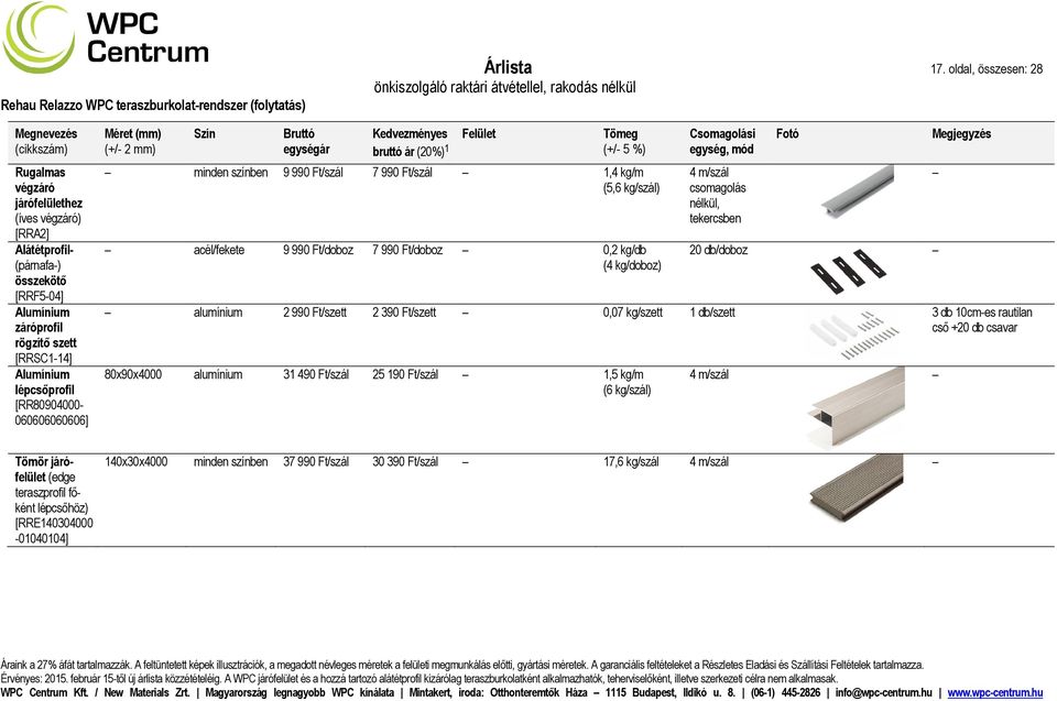 [RRSC1-14] Alumínium lépcsőprofil [RR80904000-060606060606] bruttó ár (20%) 1 minden színben 9 990 Ft/szál 7 990 Ft/szál 1,4 kg/m (5,6 kg/szál) acél/fekete 9 990 Ft/doboz 7 990 Ft/doboz 0,2 kg/db (4
