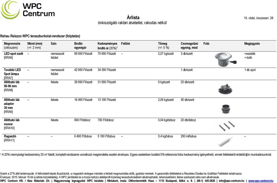 Ft/szett 2,07 kg/szett 3 db/szett +vezeték + trafó További LED Spot lámpa [RRA7] Állítható láb 50-90 mm [RRA8] Állítható láb adapter 35 mm [RRA9] Állítható láb csavar [RRA10] Ragasztó [RRA11]