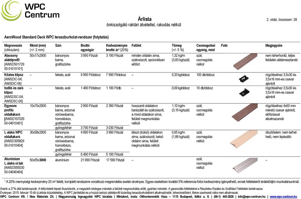 AWSDIC-06] Indító és záró klipsz [AWSDSC-04; AWSDSC-06] Egyenes profilú oldaltakaró [AWSD107029 00-04010401] L alakú WPC oldaltakaró [AWSD305829 00-01010404] Alumínium L alakú ol.