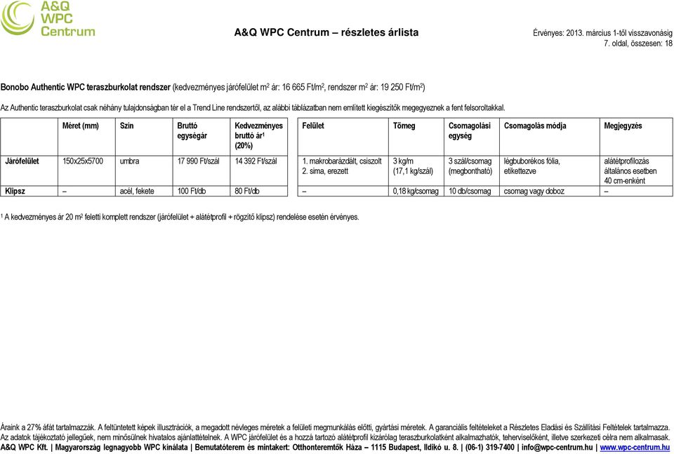 a fent felsoroltakkal. bruttó ár 1 (20%) Járófelület 150x25x5700 umbra 17 990 Ft/ 14 392 Ft/ 1. makrobarázdált, csiszolt 2.