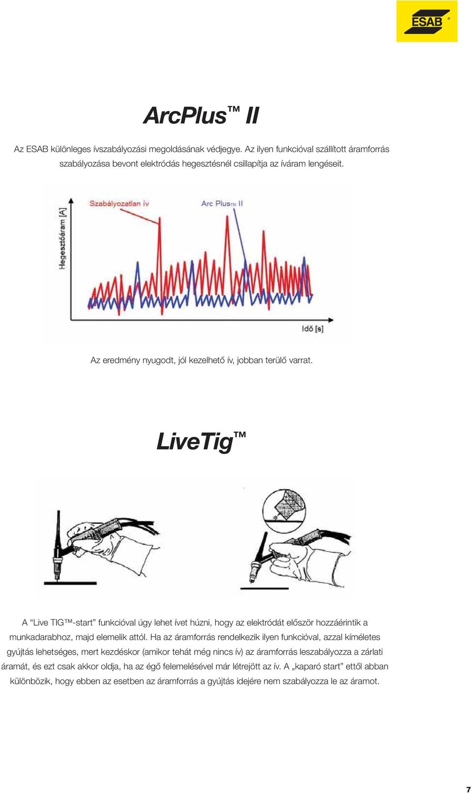 LiveTig A Live TIG -start funkcióval úgy lehet ívet húzni, hogy az elektródát először hozzáérintik a munkadarabhoz, majd elemelik attól.