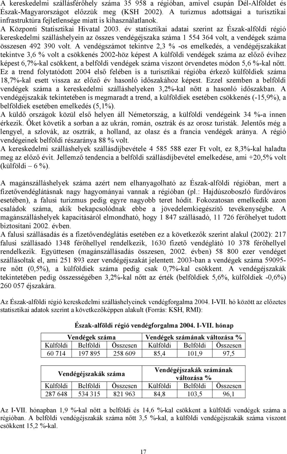 év statisztikai adatai szerint az Észak-alföldi régió kereskedelmi szálláshelyein az összes vendégéjszaka száma 1 554 364 volt, a vendégek száma összesen 492 390 volt.