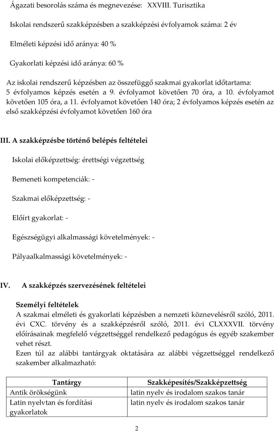 szakmai gyakorlat időtartama: 5 évfolyamos képzés esetén a 9. évfolyamot követően 70 óra, a 10. évfolyamot követően 105 óra, a 11.