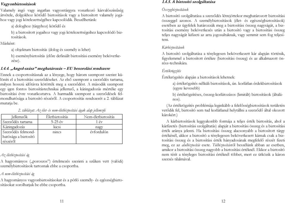 a) objektum biztosítás (dolog és személy is lehet) b) eseménybiztosítás (előre definiált biztosítási esemény bekövetkezése). 1.4.