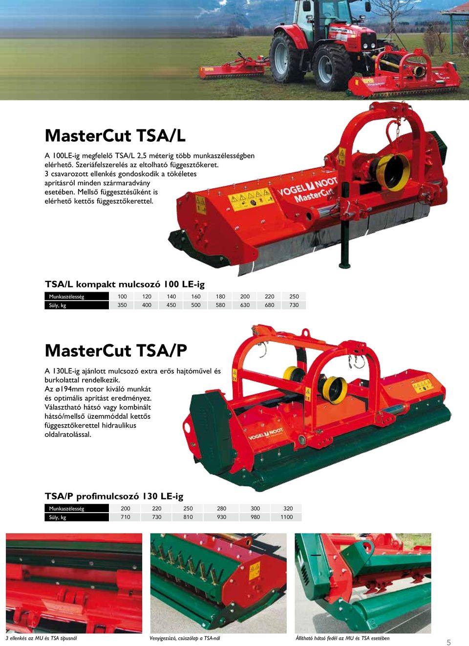 TSA/L kompakt mulcsozó 100 LE-ig Munkaszélesség 100 120 140 160 180 200 220 250 Súly, kg 350 400 450 500 580 630 680 730 MasterCut TSA/P A 130LE-ig ajánlott mulcsozó extra erős hajtóművel és