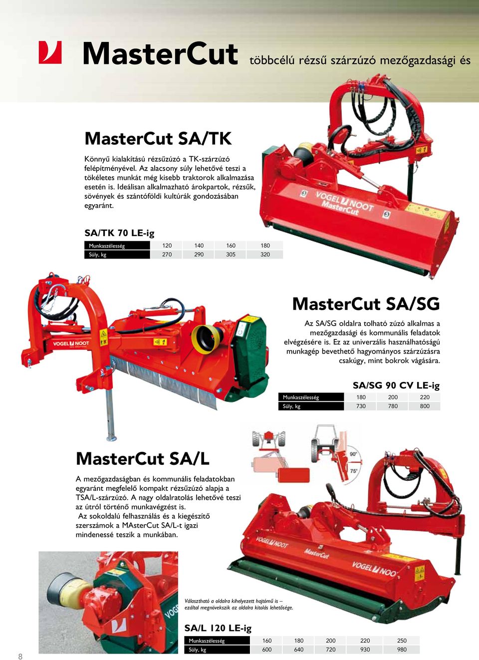 SA/TK 70 LE-ig Munkaszélesség 120 140 160 180 Súly, kg 270 290 305 320 MasterCut SA/SG Az SA/SG oldalra tolható zúzó alkalmas a mezőgazdasági és kommunális feladatok elvégzésére is.