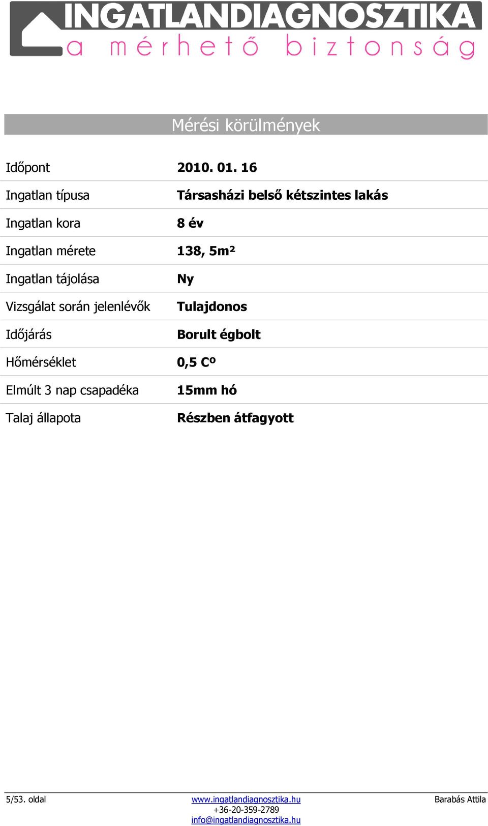 138, 5m² Ingatlan tájolása Vizsgálat során jelenlévők Időjárás Ny Tulajdonos Borult