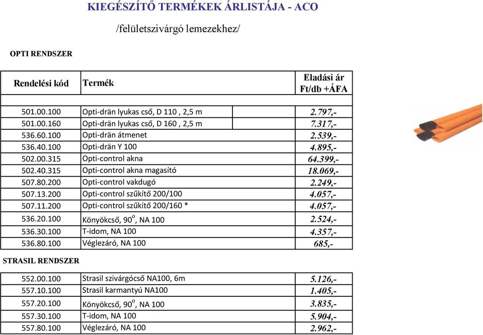 249,- 507.13.200 Opti-control szűkítő 200/100 4.057,- 507.11.200 Opti-control szűkítő 200/160 * 4.057,- 536.20.100 Könyökcső, 90 o, NA 100 2.524,- 536.30.100 T-idom, NA 100 4.357,- 536.80.