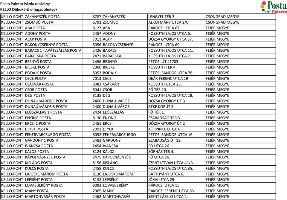FEJÉR MEGYE KELLO-PONT ALAP POSTA 7011 ALAP DÓZSA GYÖRGY UTCA 37. FEJÉR MEGYE KELLO-PONT BAKONYCSERNYE POSTA 8056 BAKONYCSERNYE RÁKÓCZI UTCA 69.