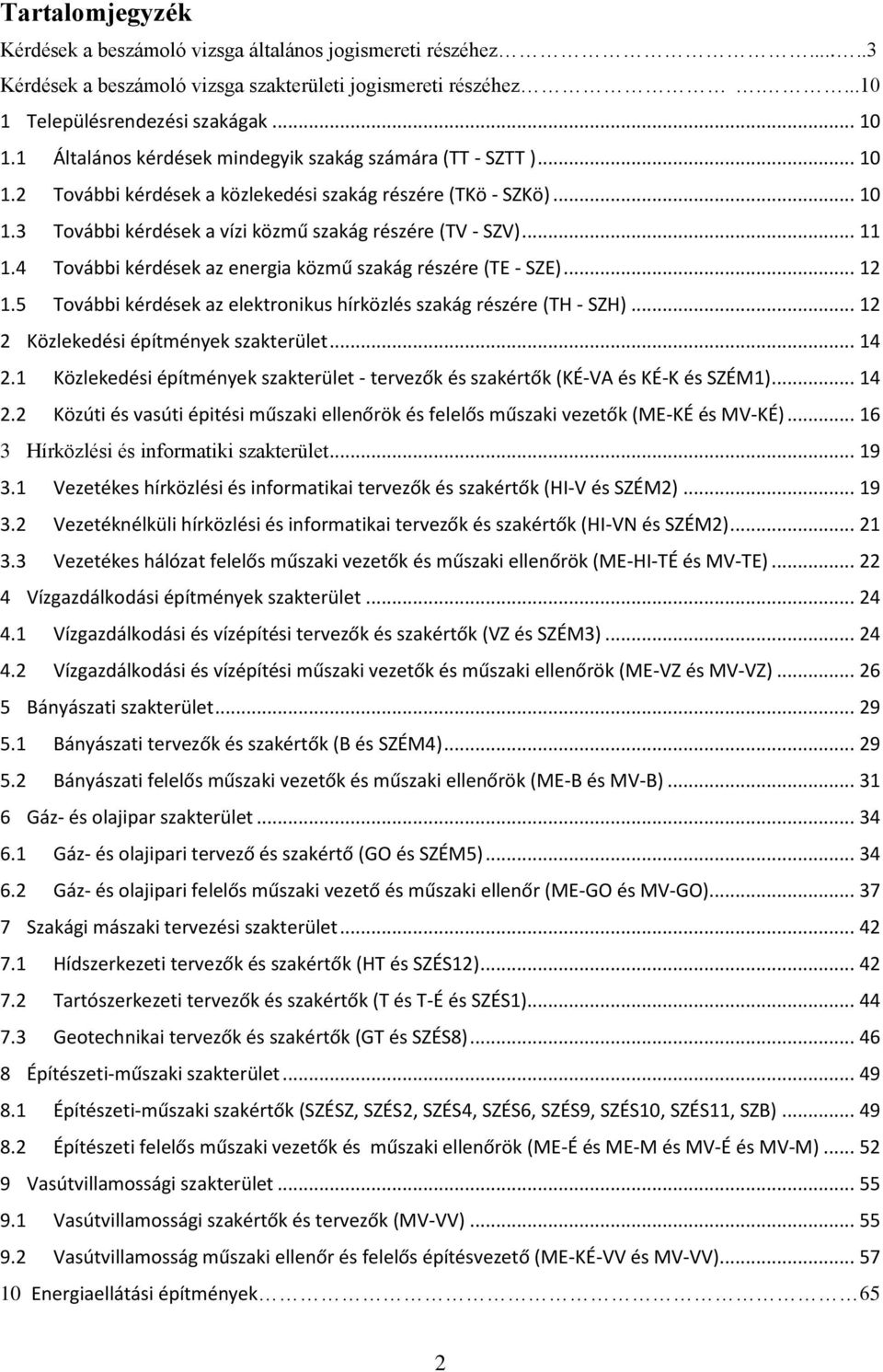 4 További kérdések az energia közmű szakág részére (TE - SZE)... 12 1.5 További kérdések az elektronikus hírközlés szakág részére (TH - SZH)... 12 2 Közlekedési építmények szakterület... 14 2.