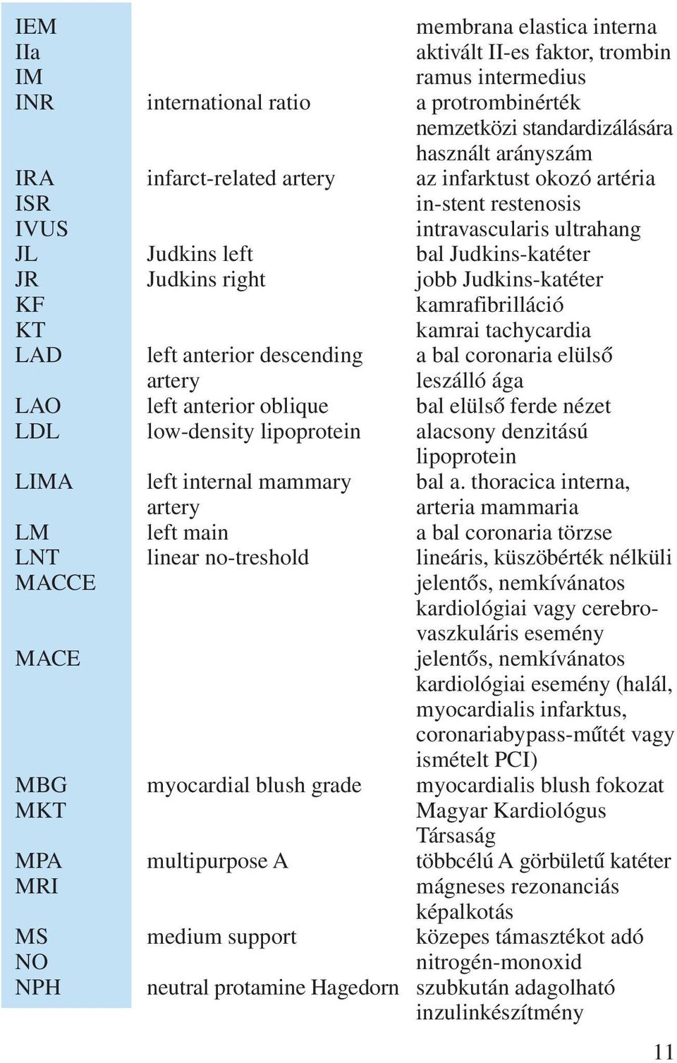 tachycardia LAD left anterior descending a bal coronaria elülsõ artery leszálló ága LAO left anterior oblique bal elülsõ ferde nézet LDL low-density lipoprotein alacsony denzitású lipoprotein LIMA