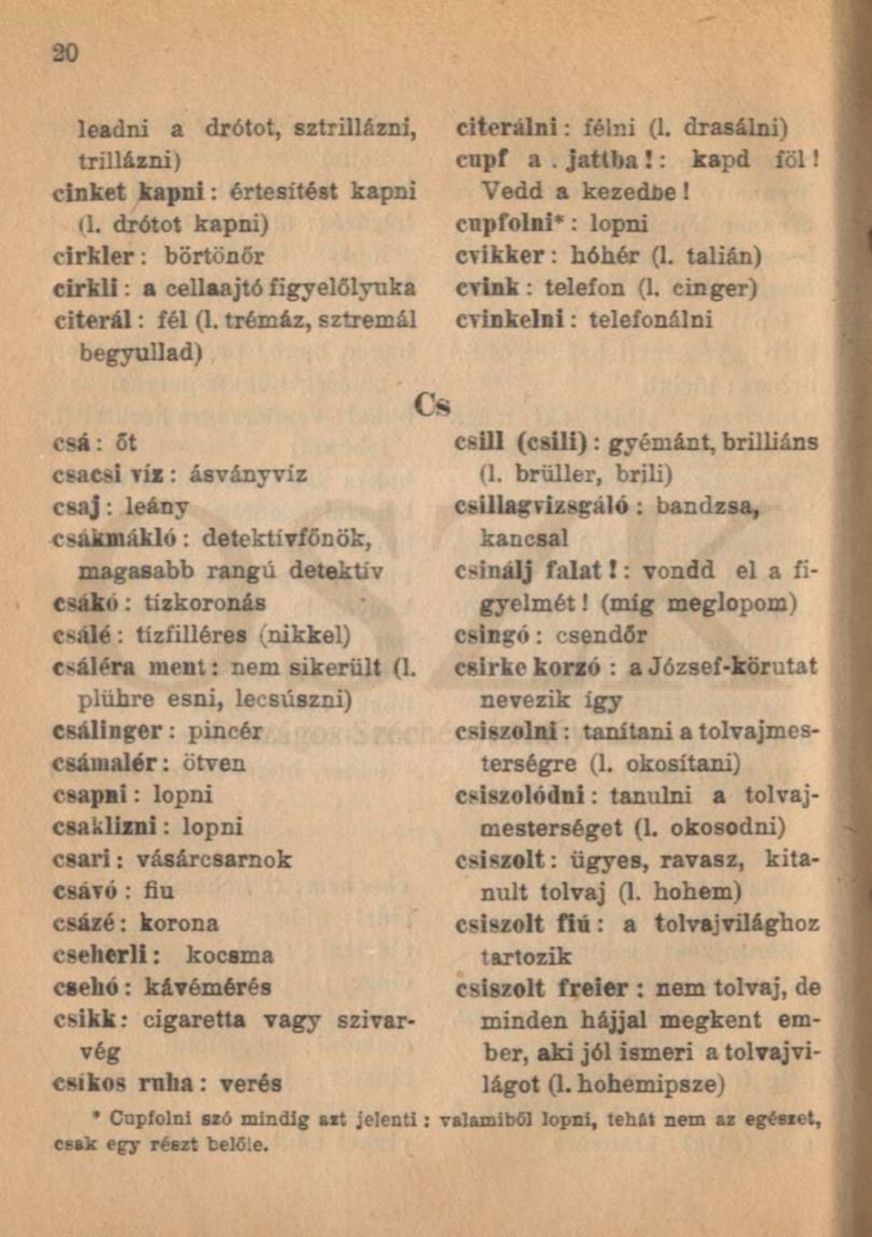 cinger) cvinkelni: telefonálni Cs csá: őt csacsivíz : ásványvíz csaj: leány csákmákló: detektívfőnöb, magasabb rangú detektív csákó: tízkoronás csálé: tízfilléres (nikkel) csáléra ment: nem sikerült