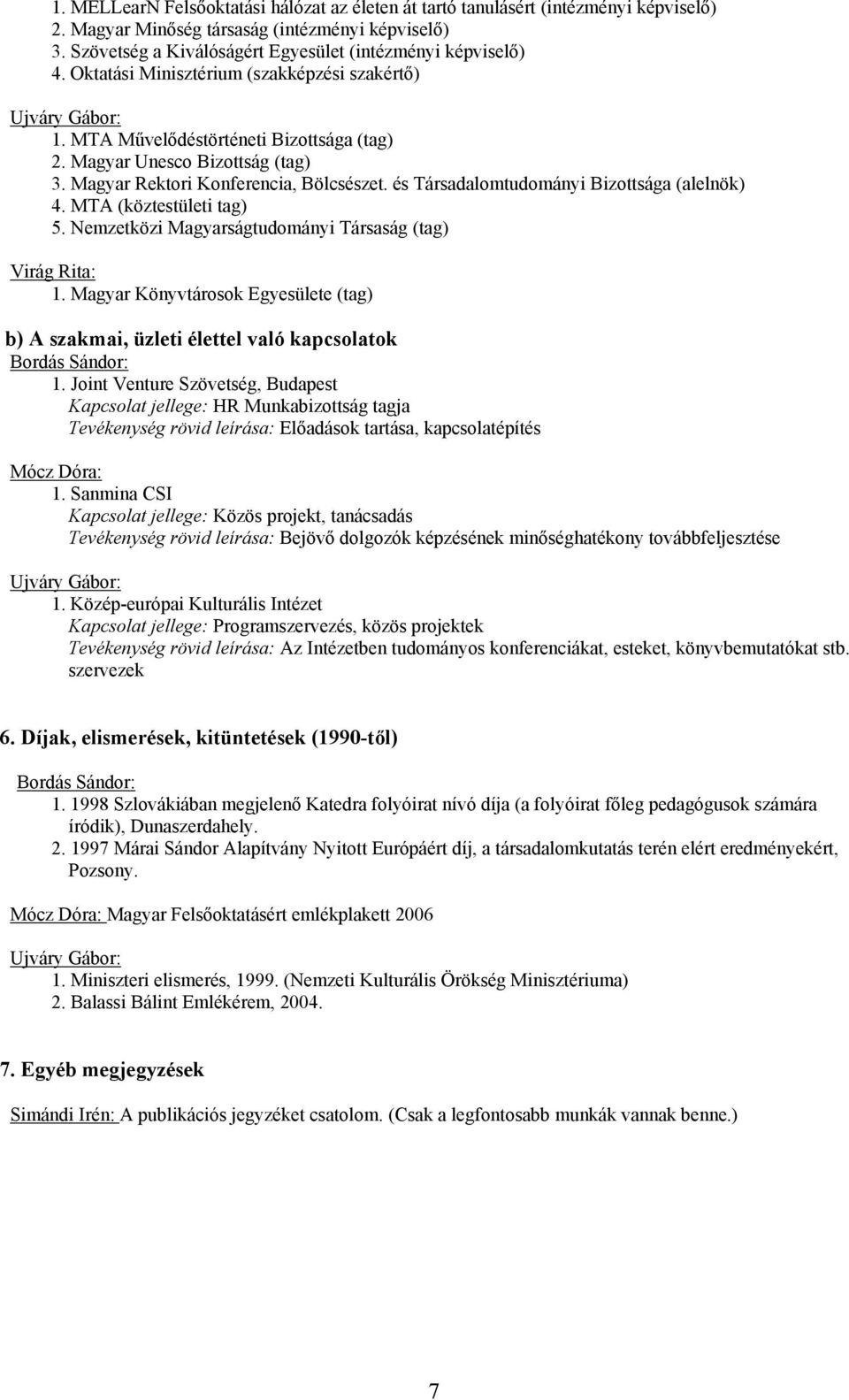 és Társadalomtudományi Bizottsága (alelnök) 4. MTA (köztestületi tag) 5. Nemzetközi Magyarságtudományi Társaság (tag) Virág Rita: 1.