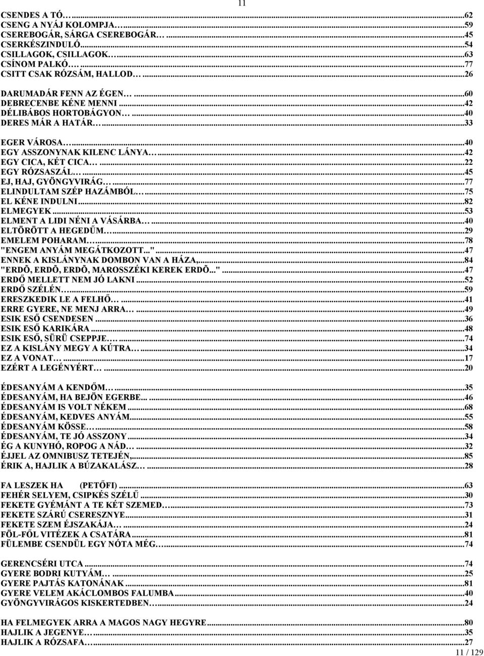 ..77 ELINDULTAM SZÉP HAZÁMBÓL...75 EL KÉNE INDULNI...82 ELMEGYEK...53 ELMENT A LIDI NÉNI A VÁSÁRBA...40 ELTÖRÖTT A HEGEDŰM...29 EMELEM POHARAM...78 "ENGEM ANYÁM MEGÁTKOZOTT..."...47 ENNEK A KISLÁNYNAK DOMBON VAN A HÁZA,.