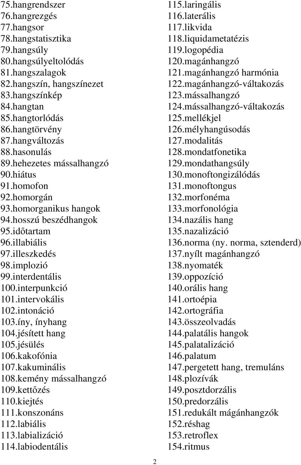 interdentális 100.interpunkció 101.intervokális 102.intonáció 103.íny, ínyhang 104.jésített hang 105.jésülés 106.kakofónia 107.kakuminális 108.kemény mássalhangzó 109.kettőzés 110.kiejtés 111.