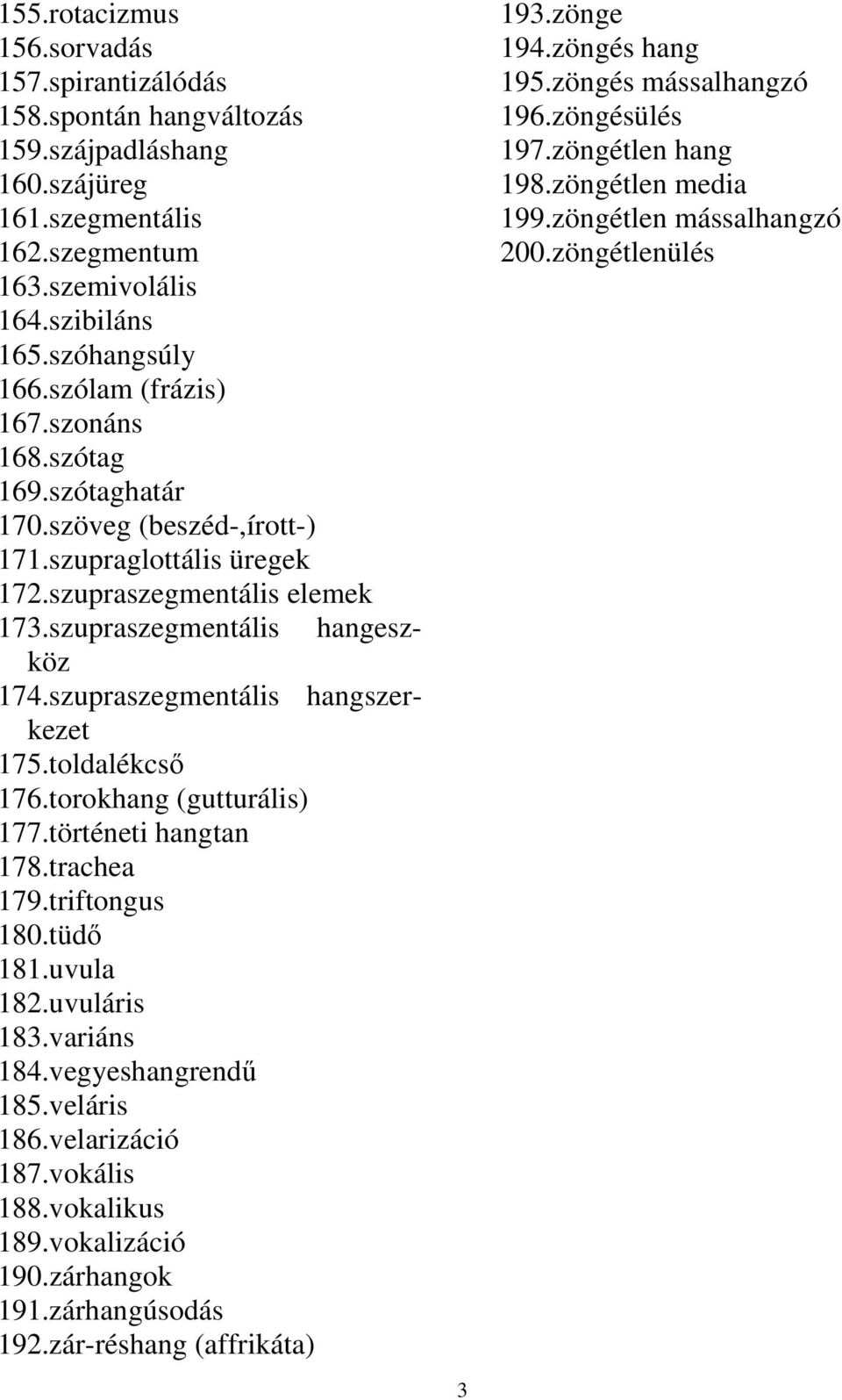 szupraszegmentális hangszerkezet 175.toldalékcső 176.torokhang (gutturális) 177.történeti hangtan 178.trachea 179.triftongus 180.tüdő 181.uvula 182.uvuláris 183.variáns 184.vegyeshangrendű 185.