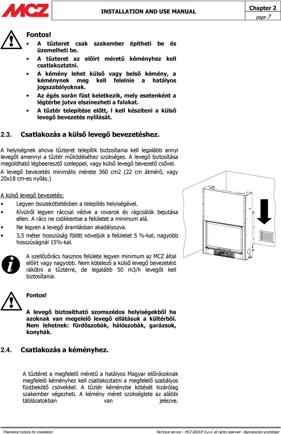 A tűztér telepítése előtt, l kell készíteni a külső levegő bevezetés nylílását. 2.3. Csatlakozás a külső levegő bevezetéshez.