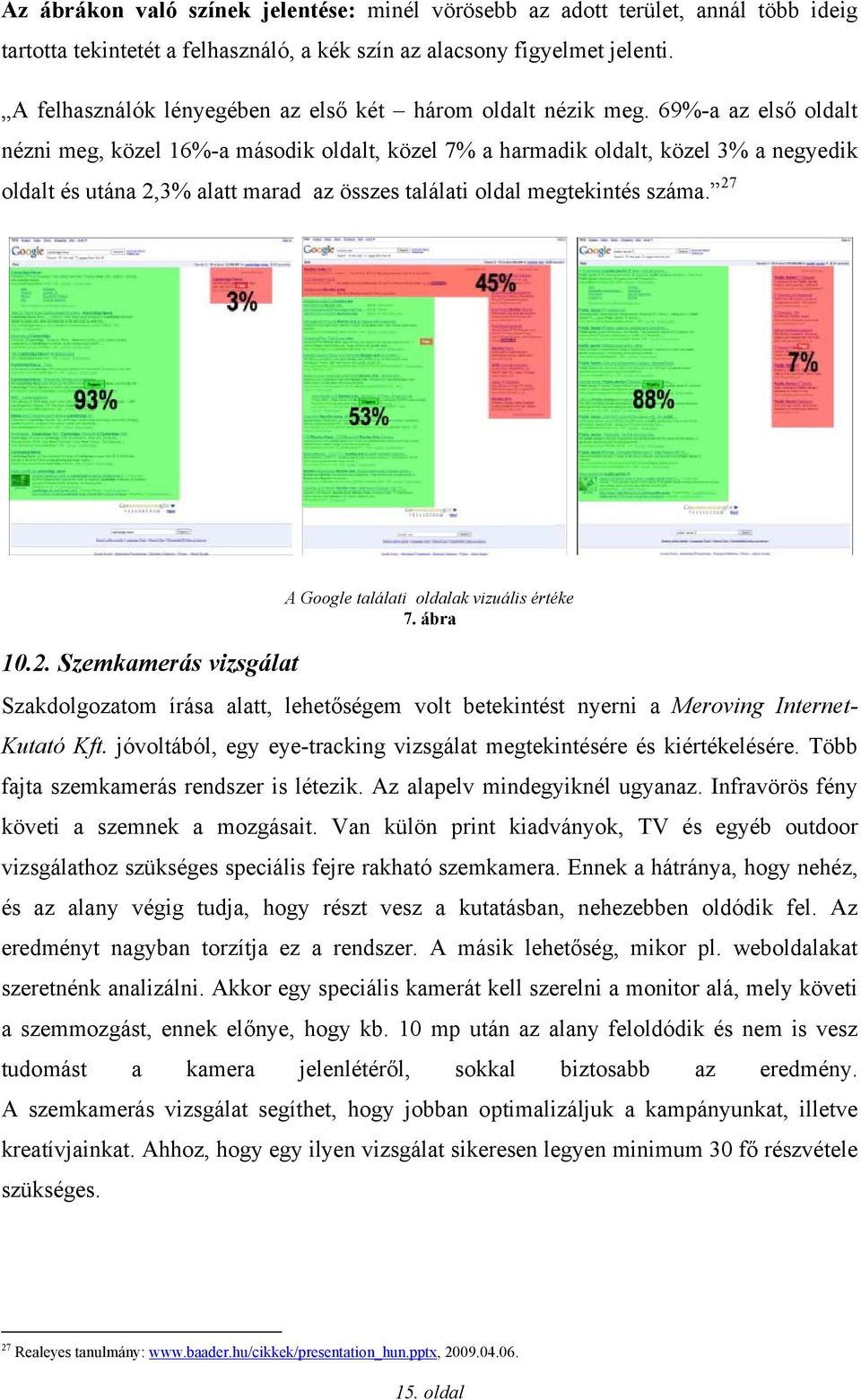 69%-a az első oldalt nézni meg, közel 16%-a második oldalt, közel 7% a harmadik oldalt, közel 3% a negyedik oldalt és utána 2,3% alatt marad az összes találati oldal megtekintés száma. 27 10.2. Szemkamerás vizsgálat A Google találati oldalak vizuális értéke 7.