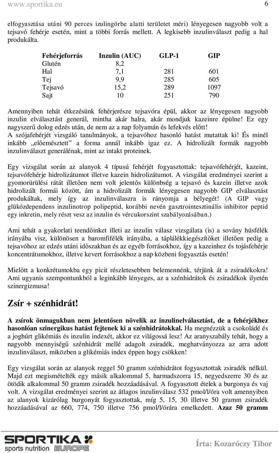 Fehérjeforrás Inzulin (AUC) GLP-1 GIP Glutén 8,2 Hal 7,1 281 601 Tej 9,9 285 605 Tejsavó 15,2 289 1097 Sajt 10 251 790 Amennyiben tehát étkezésünk fehérjerésze tejsavóra épül, akkor az lényegesen