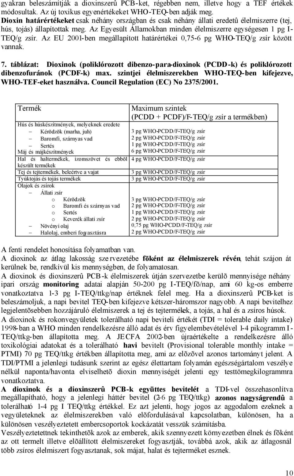 Az EU 2001-ben megállapított határértékei 0,75-6 pg WHO-TEQ/g zsír között vannak. 7. táblázat: Dioxinok (poliklórozott dibenzo-para-dioxinok (PCDD -k) és poliklórozott dibenzofuránok (PCDF-k) max.