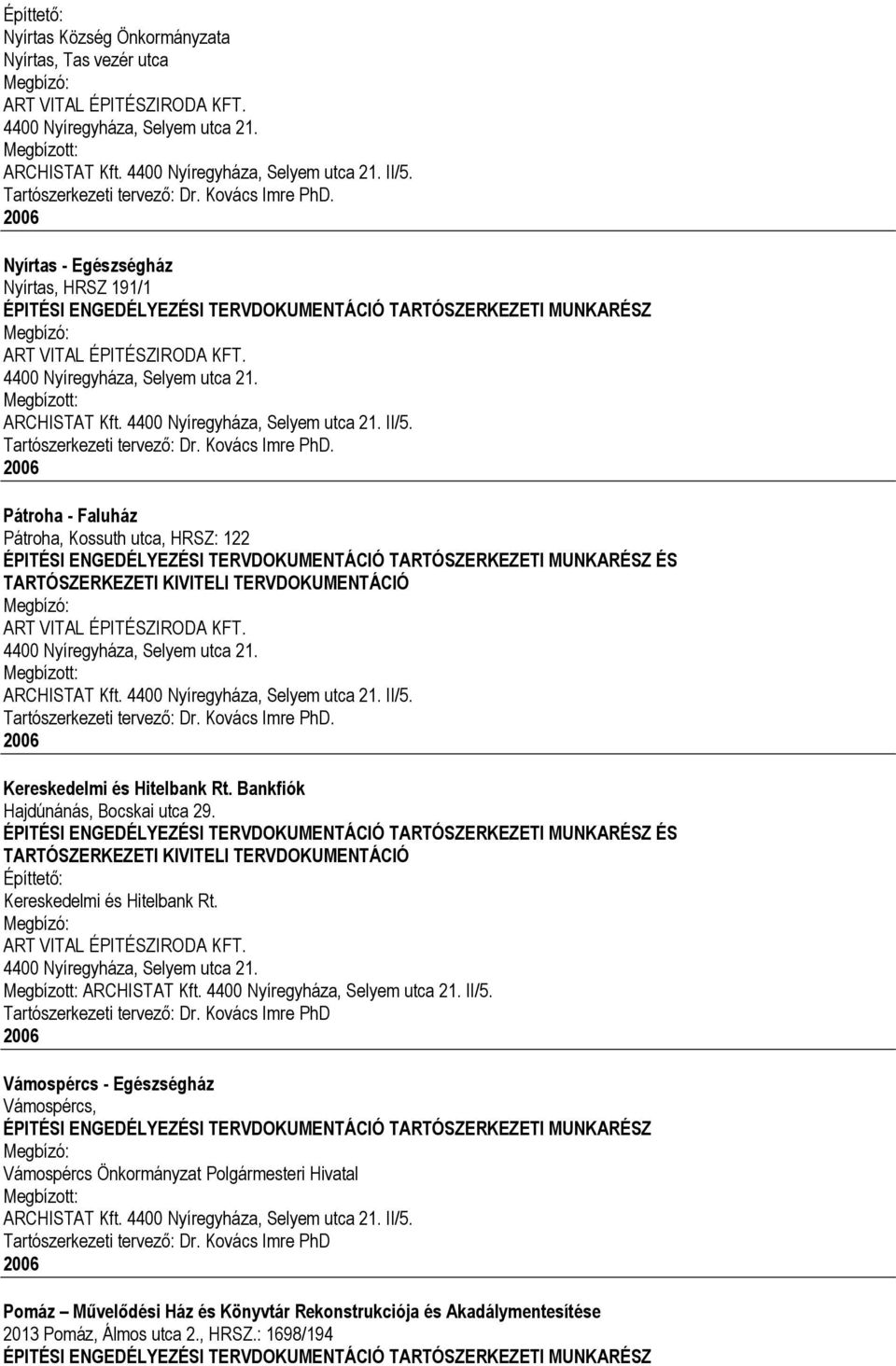 Pátroha - Faluház Pátroha, Kossuth utca, HRSZ: 122 ART VITAL ÉPITÉSZIRODA KFT. 4400 Nyíregyháza, Selyem utca 21. Kereskedelmi és Hitelbank Rt. Bankfiók Hajdúnánás, Bocskai utca 29.