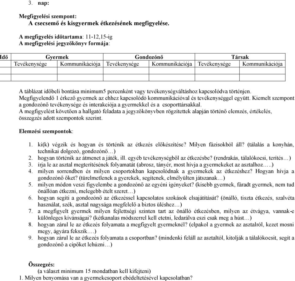 időbeli bontása minimum5 percenként vagy tevékenységváltáshoz kapcsolódva történjen. Megfigyelendő 1 érkező gyermek az ehhez kapcsolódó kommunikációval és tevékenységgel együtt.