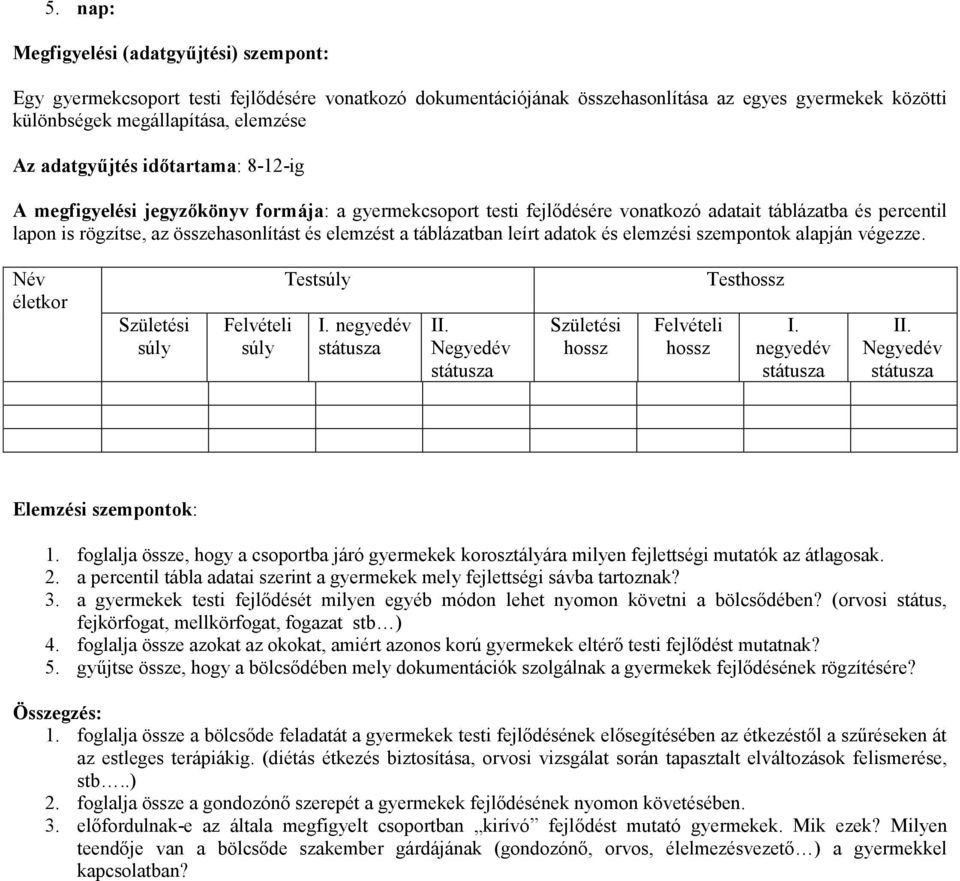 táblázatban leírt adatok és elemzési szempontok alapján végezze. Név életkor Születési súly Felvételi súly Testsúly I. negyedév státusza II.