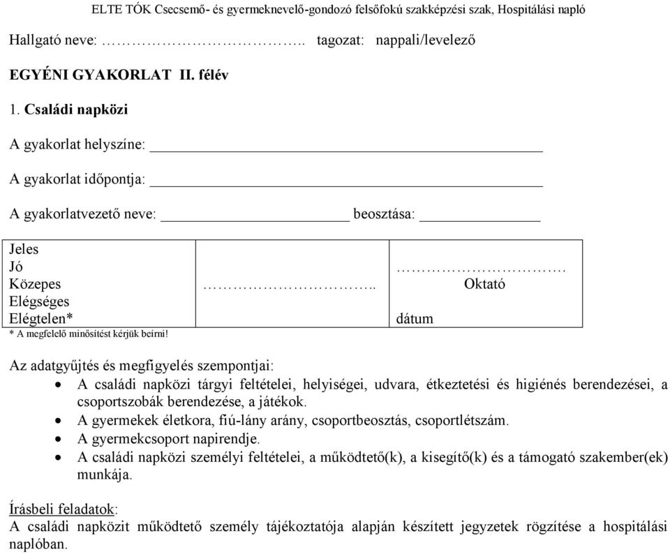 ... Oktató dátum Az adatgyűjtés és megfigyelés szempontjai: A családi napközi tárgyi feltételei, helyiségei, udvara, étkeztetési és higiénés berendezései, a csoportszobák berendezése, a játékok.