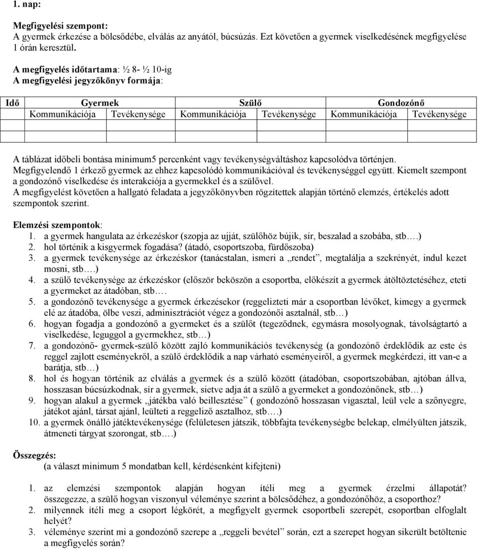 időbeli bontása minimum5 percenként vagy tevékenységváltáshoz kapcsolódva történjen. Megfigyelendő 1 érkező gyermek az ehhez kapcsolódó kommunikációval és tevékenységgel együtt.