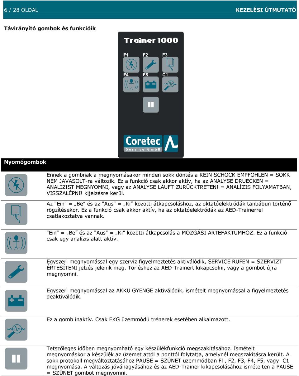 Az "Ein" = Be és az "Aus" = Ki közötti átkapcsoláshoz, az oktatóelektródák tanbábun történő rögzítésekor. Ez a funkció csak akkor aktív, ha az oktatóelektródák az AED-Trainerrel csatlakoztatva vannak.