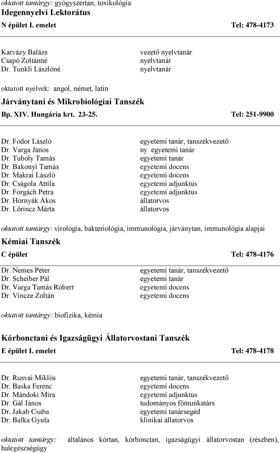 Varga János Dr. Tuboly Tamás Dr. Bakonyi Tamás Dr. Makrai László Dr. Cságola Attila Dr. Forgách Petra Dr. Hornyák Ákos Dr. Lőrincz Márta ny.