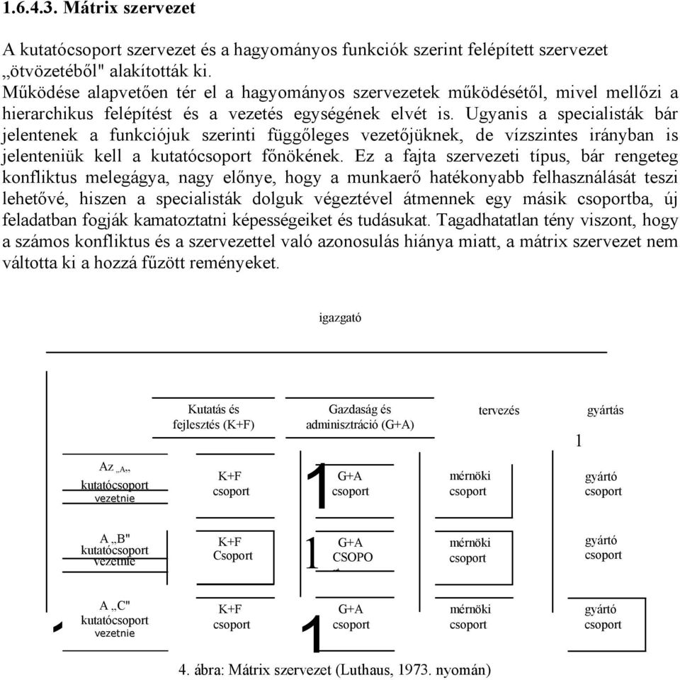 Ugyanis a specialisták bár jelentenek a funkciójuk szerinti függőleges vezetőjüknek, de vízszintes irányban is jelenteniük kell a kutatócsoport főnökének.