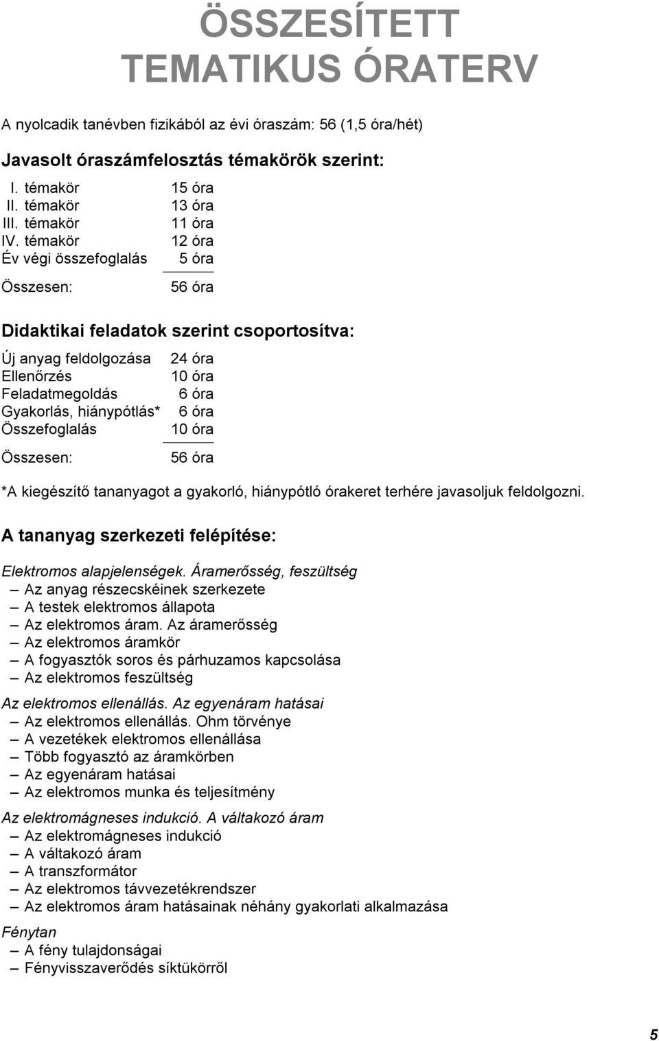 Összesen: 24 óra 10 óra 6 óra 6 óra 10 óra 56 óra *A kiegészítő tananyagot a gyakorló, hiánypótló órakeret terhére javasoljuk feldolgozni. A tananyag szerkezeti felépítése: Elektromos alapjelenségek.