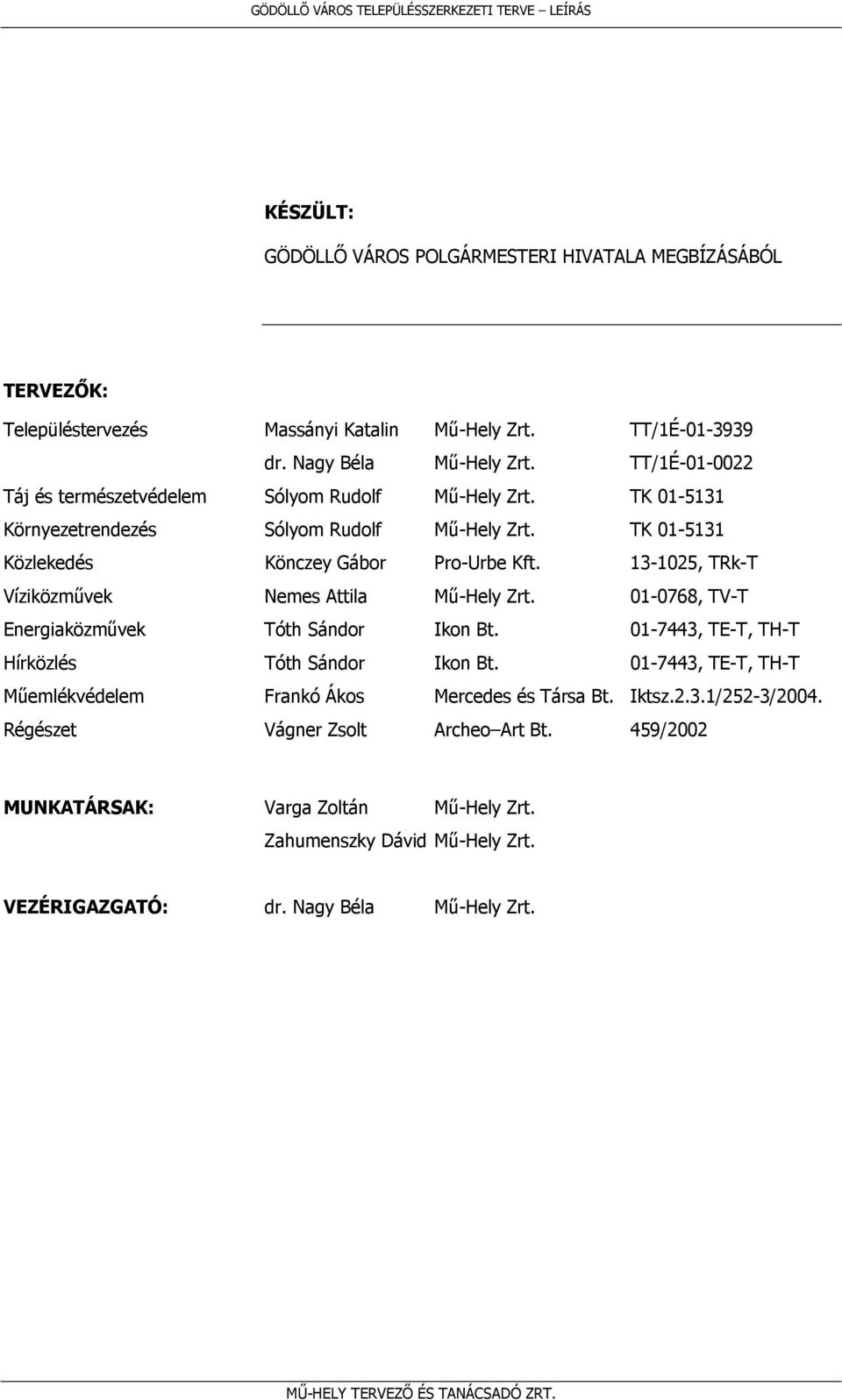 13-1025, TRk-T Víziközművek Nemes Attila Mű-Hely Zrt. 01-0768, TV-T Energiaközművek Tóth Sándor Ikon Bt. 01-7443, TE-T, TH-T Hírközlés Tóth Sándor Ikon Bt.