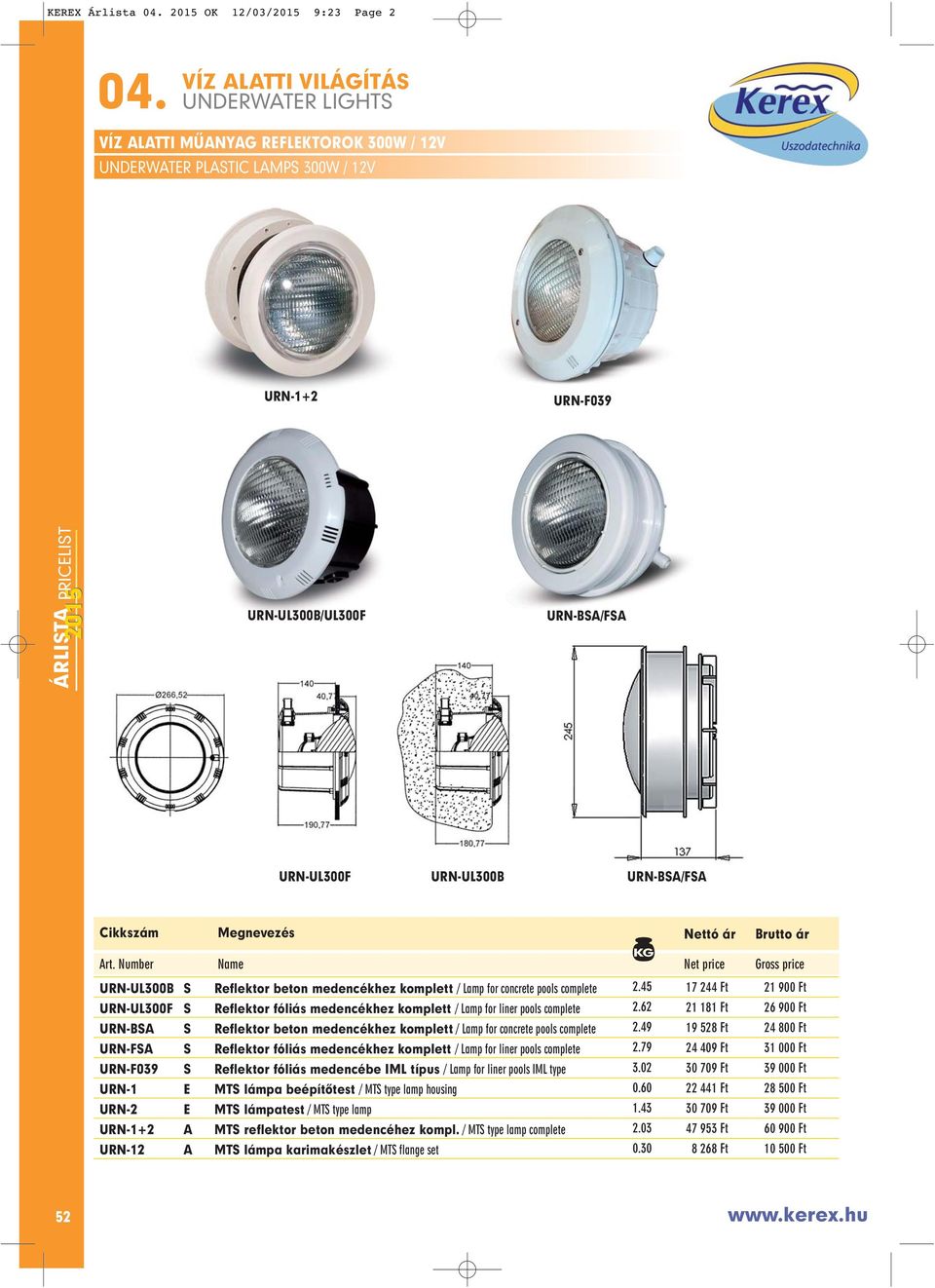 45 17 244 Ft 21 900 Ft URN-UL300F S Reflektor fóliás medencékhez komplett / Lamp for liner pools complete 2.