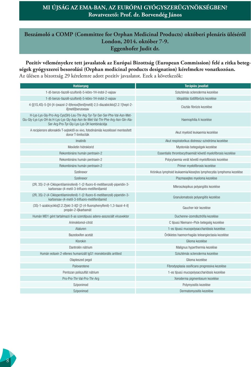 Pozitív véleményekre tett javaslatok az Európai Bizottság (European Commission) felé a ritka betegségek gyógyszerei besorolási (Orphan medicinal products designation) kérelmekre vonatkozóan.