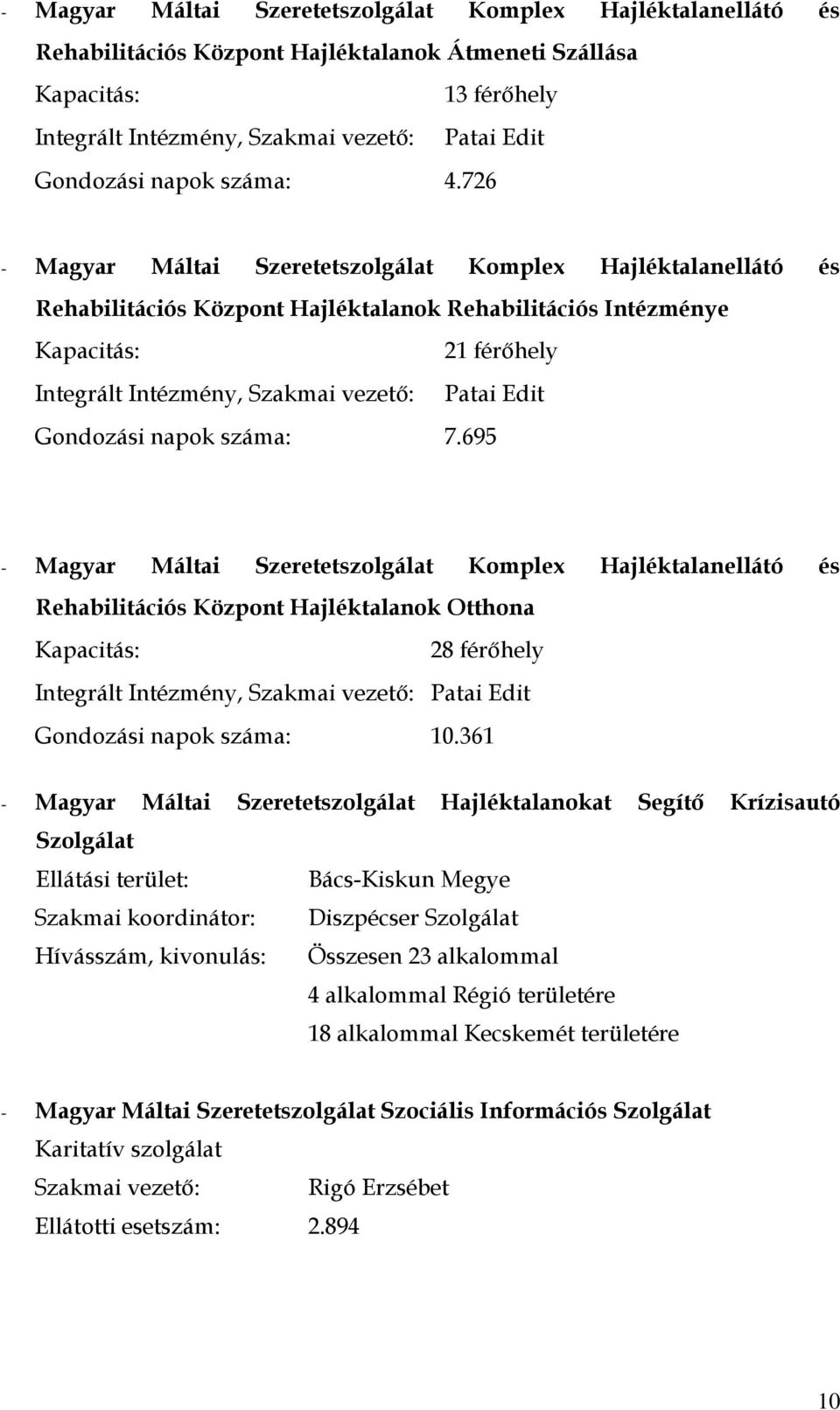 726 - Magyar Máltai Szeretetszolgálat Komplex Hajléktalanellátó és Rehabilitációs Központ Hajléktalanok Rehabilitációs Intézménye Kapacitás: 21 férőhely Integrált Intézmény, Szakmai vezető: Patai