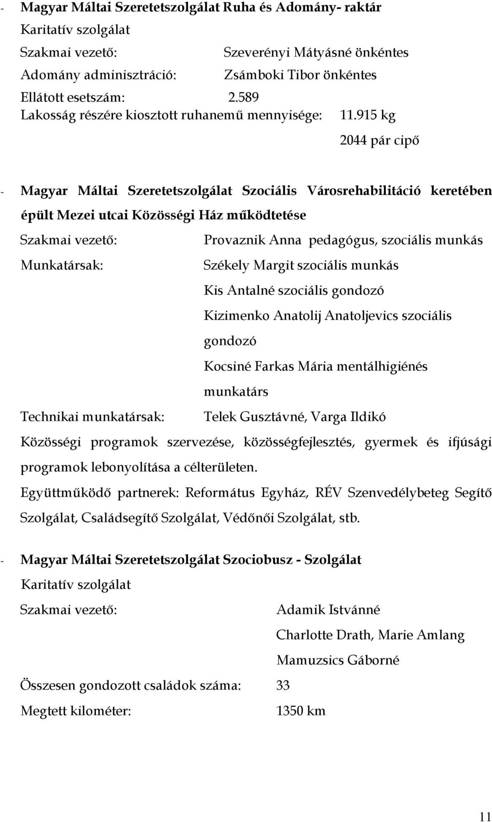 915 kg 2044 pár cipő - Magyar Máltai Szeretetszolgálat Szociális Városrehabilitáció keretében épült Mezei utcai Közösségi Ház működtetése Szakmai vezető: Provaznik Anna pedagógus, szociális munkás