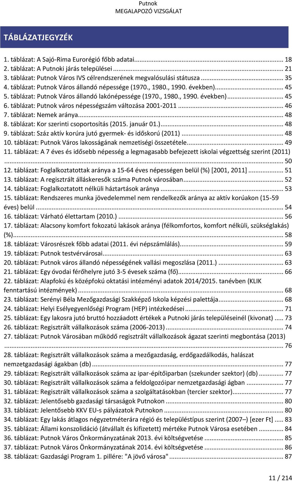 táblázat: Putnok város népességszám változása 2001-2011... 46 7. táblázat: Nemek aránya... 48 8. táblázat: Kor szerinti csoportosítás (2015. január 01.)... 48 9.