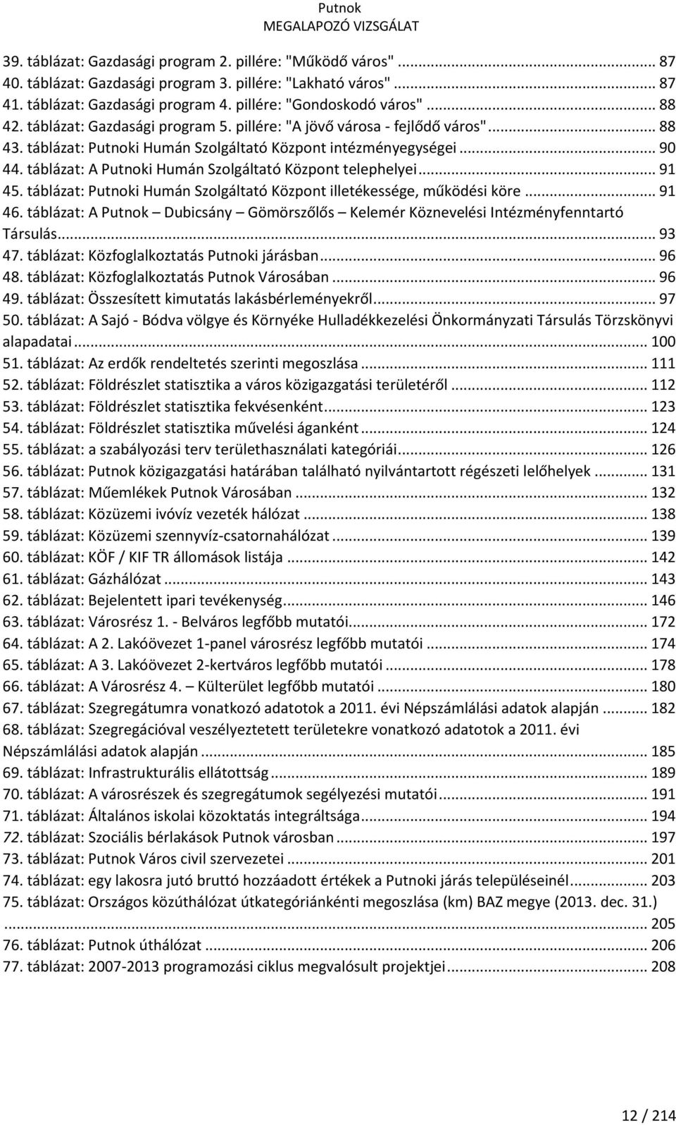 táblázat: A Putnoki Humán Szolgáltató Központ telephelyei... 91 45. táblázat: Putnoki Humán Szolgáltató Központ illetékessége, működési köre... 91 46.