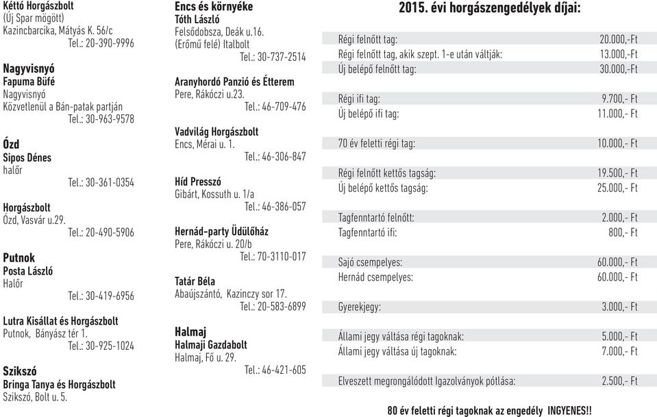 5. Encs és környéke Tóth László Felsődobsza, Deák u.16. (Erőmű felé) Italbolt Tel.: 30-737-2514 Aranyhordó Panzió és Étterem Pere, Rákóczi u.23. Tel.: 46-709-476 Vadvilág Horgászbolt Encs, Mérai u. 1.