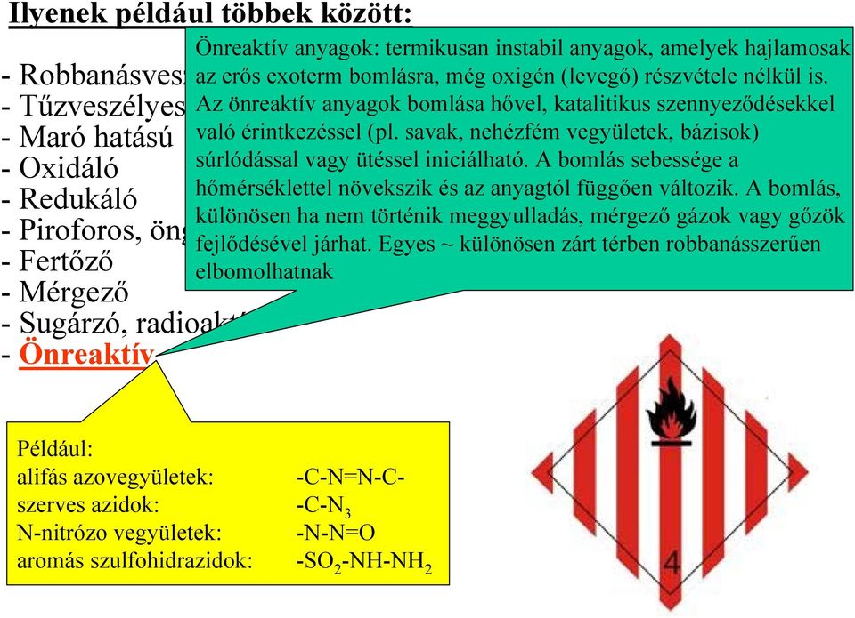 Az önreaktív anyagok bomlása hővel, katalitikus szennyeződésekkel való érintkezéssel (pl. savak, nehézfém vegyületek, bázisok) súrlódással vagy ütéssel iniciálható.