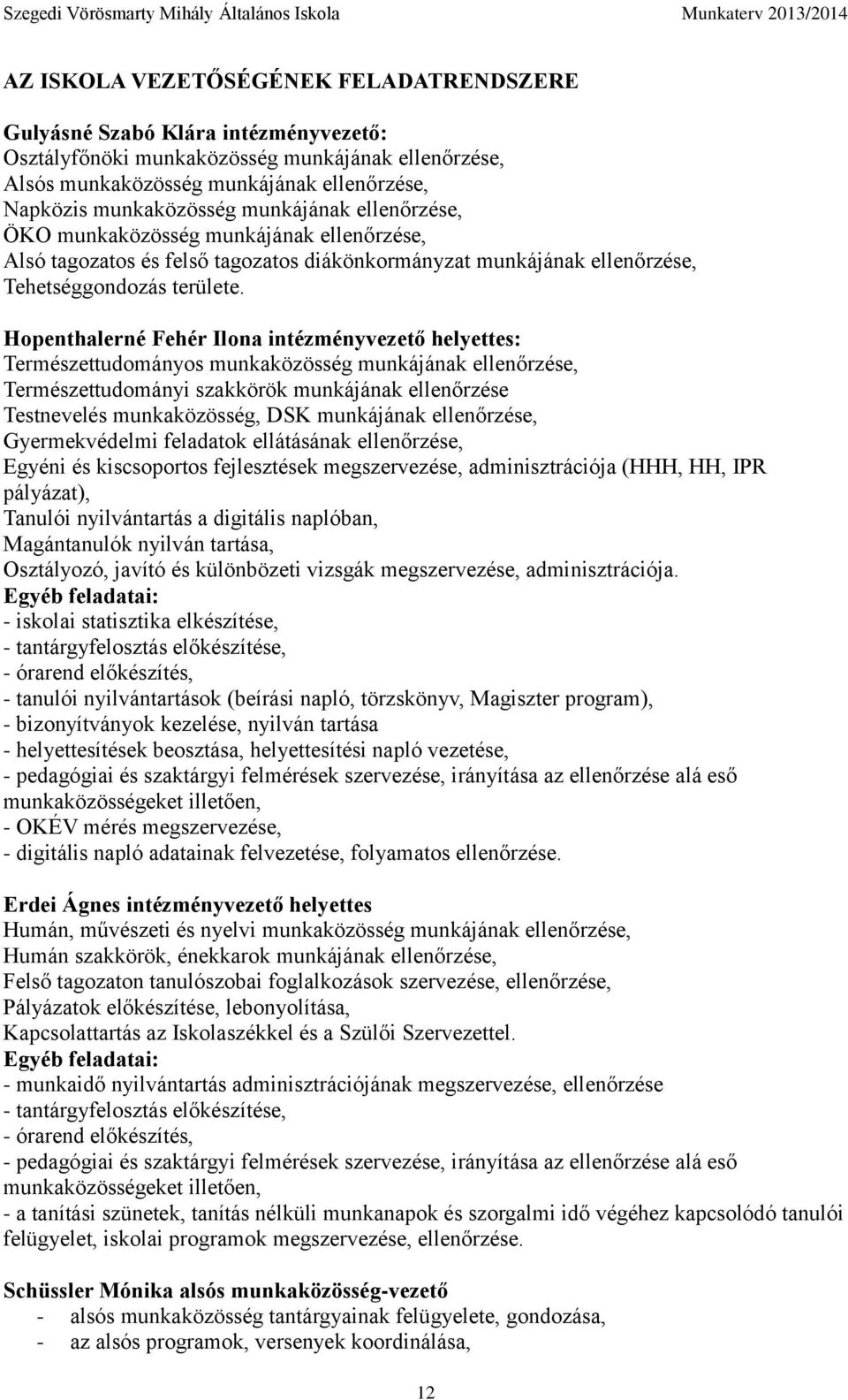 Hopenthalerné Fehér Ilona intézményvezető helyettes: Természettudományos munkaközösség munkájának ellenőrzése, Természettudományi szakkörök munkájának ellenőrzése Testnevelés munkaközösség, DSK