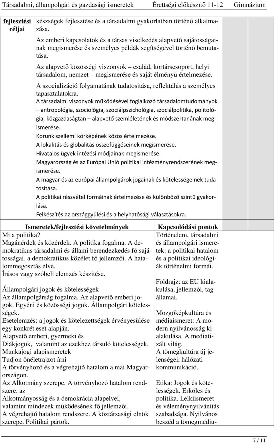 Az alapvető közösségi viszonyok család, kortárscsoport, helyi társadalom, nemzet megismerése és saját élményű értelmezése.