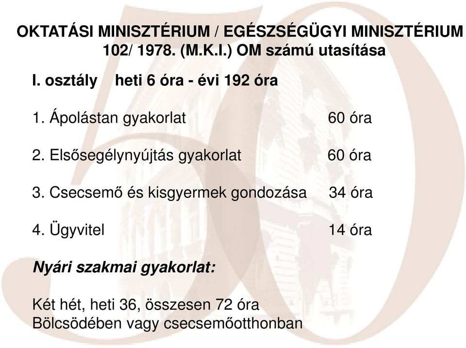 Elsősegélynyújtás gyakorlat 60 óra 3. Csecsemő és kisgyermek gondozása 34 óra 4.