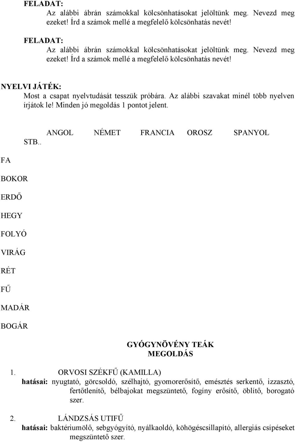 . ANGOL NÉMET FRANCIA OROSZ SPANYOL FA BOKOR ERDŐ HEGY FOLYÓ VIRÁG RÉT FŰ MADÁR BOGÁR GYÓGYNÖVÉNY TEÁK MEGOLDÁS 1.