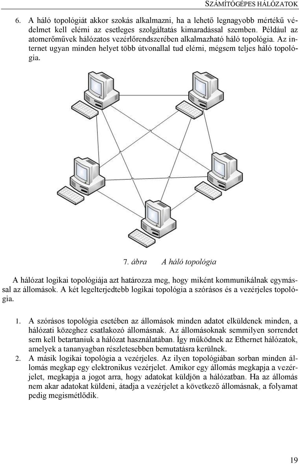 ábra A háló topológia A hálózat logikai topológiája azt határozza meg, hogy miként kommunikálnak egymással az állomások. A két legelterjedtebb logikai topológia a szórásos és a vezérjeles topológia.